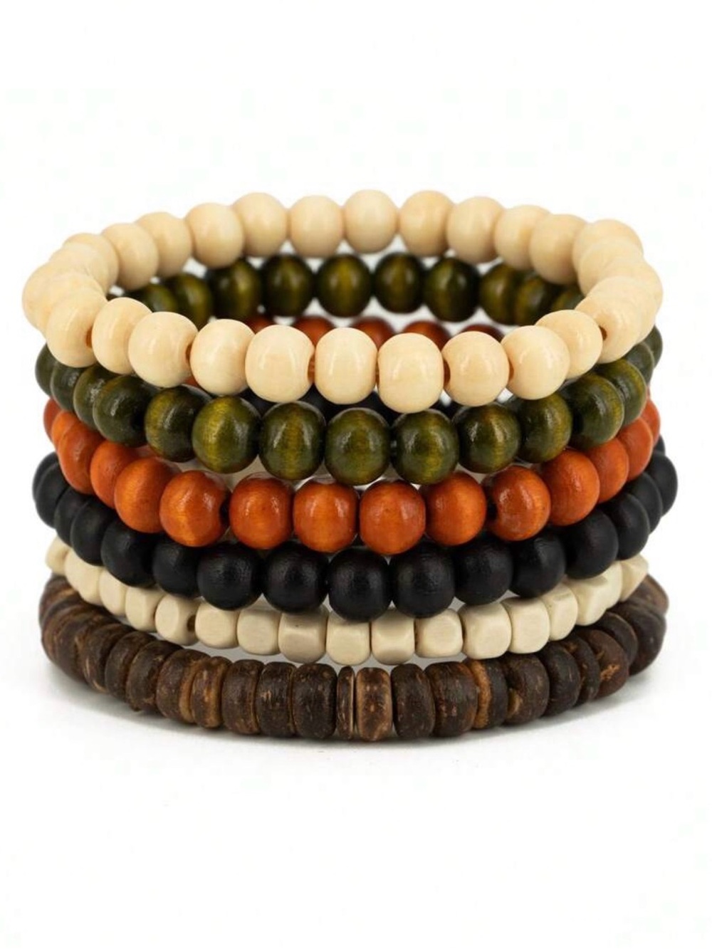 Stacked Wooden Bead Bracelet Set - Cream, Olive, Rust, Black, Brown